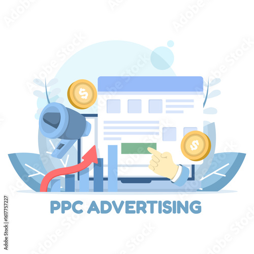 PPC Advertising Concepts, pay-per-click marketing campaigns, pay-per-click for websites. Targeted contextual PPC advertising. Businesses investing in paid digital advertising.