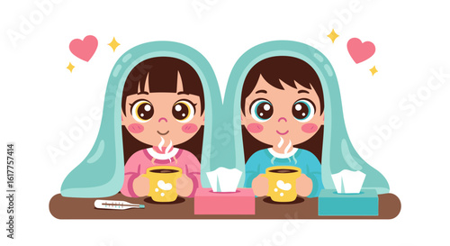 Two cute kids cozy under a blanket sharing warm drinks, recovering from sickness together.