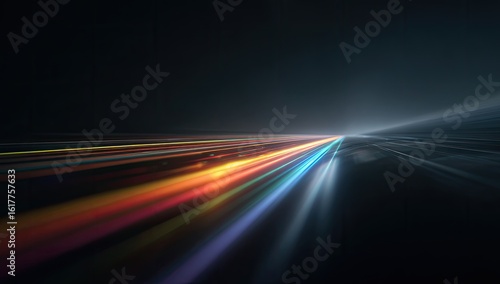 Night highway speed, colorful light trails, dark background, motion blur, tech concept