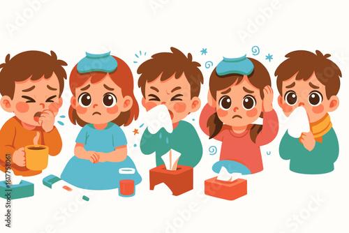 Sick cartoon kids with flu symptoms, cold, fever, headache during winter illness season