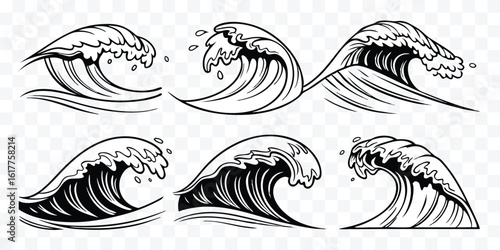 Ocean Wave Line Art Collection Vector Illustration for Creative Design Projects and Nautical Themes Decorative Element Set