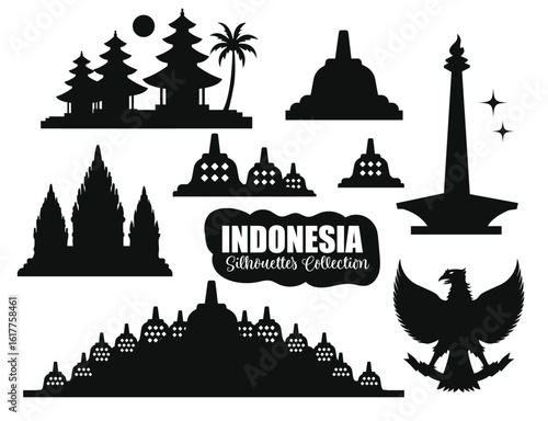 Indonesian silhouette historical building,symbol and Landmark Collection.