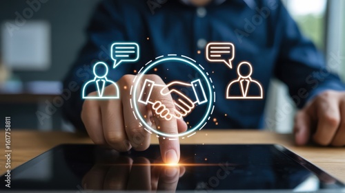 Forging Business Partnerships: A hand interacting with a handshake icon surrounded by communication and financial symbols, illustrating successful collaboration and mutual agreement