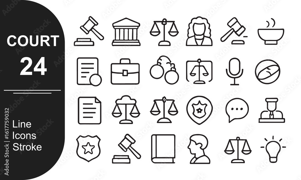Fototapeta premium Court Line Icons, 24 Minimal Outline Legal and Justice Symbols