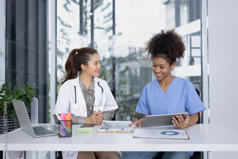 Fototapeta premium female doctor working together clipboard in hospital, healthcare and medicine concept.