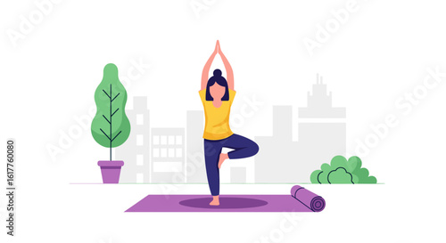 Woman practicing yoga outdoors in the city. Perfect for health, wellness, and lifestyle websites or brochures.