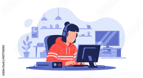 Young woman playing video games at home, perfect for blog posts about gaming or technology.