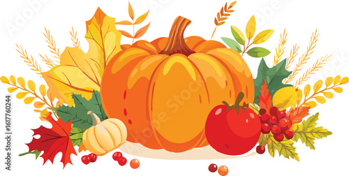 Vector illustration of an autumn pumpkin with leaves, perfect for Halloween, Thanksgiving, and fall harvest designs