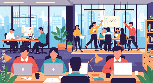 Modern Coworking Office Space Illustration: Perfect for website banners, brochures, and marketing materials.