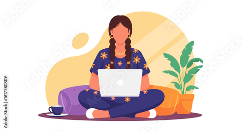 Woman working from home on laptop, illustration for website or blog.