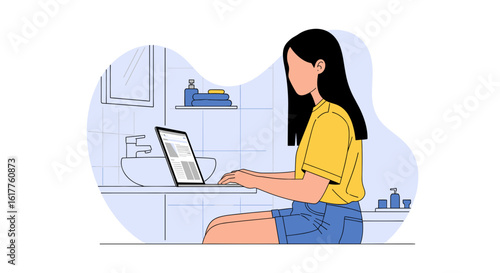 Young woman working on laptop in bathroom, perfect for blog, website or social media.