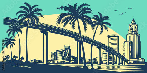 Tropical City Bridge with Palm Trees