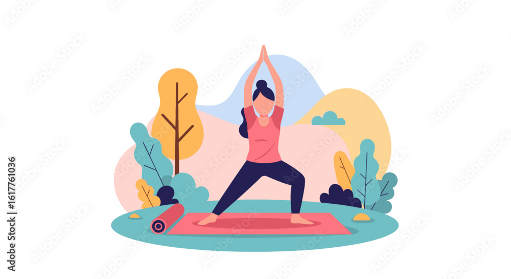 Fototapeta premium Woman practicing yoga outdoors, perfect for wellness websites or brochures.