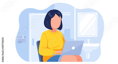 Woman working on laptop in bathroom, perfect for blog posts about remote work or work-life balance.