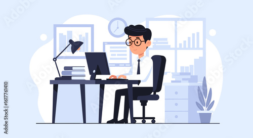 Businessman working at his desk, perfect for website banners or business presentations.