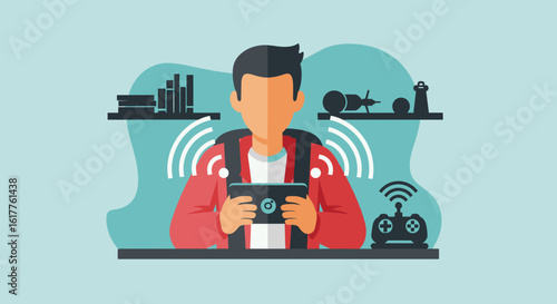 Man using tablet to control drone, perfect for technology and innovation websites or presentations.