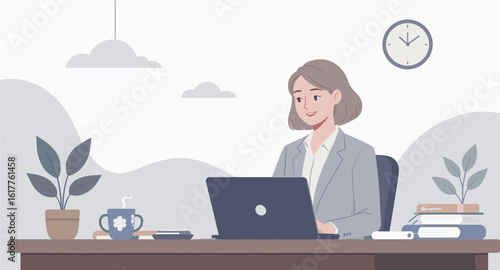 A young businesswoman works on her laptop in a modern office. Perfect for websites, blogs, or presentations related to business, technology, or productivity.