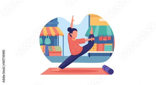 Woman practicing yoga outdoors near shops - perfect for wellness blogs and health websites.