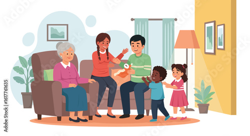 Happy multigenerational family gathering at home, perfect for family, togetherness, and love themed projects.