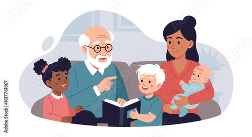 Grandfather reading a book to his grandchildren; perfect for family, love, and togetherness themes.