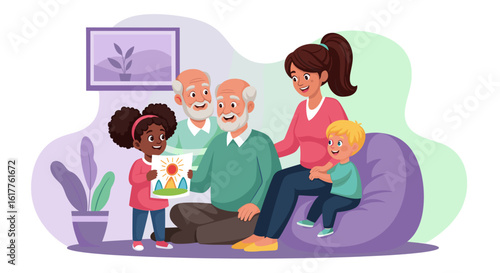 Grandparents, parents, and grandchildren happily spending time together. Perfect for family, togetherness, and generational connection themes.