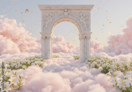Dreamy Marble Archway Amidst Fluffy Clouds, Flowers and Golden Particles - Surreal Fantasy Scene.