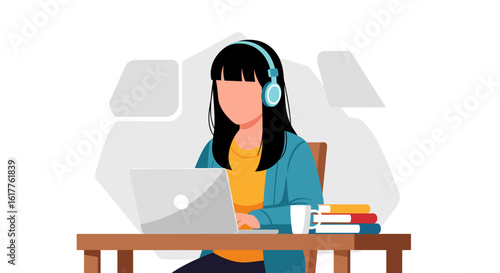 Young woman studying online with laptop and headphones, perfect for education websites or online learning platforms.