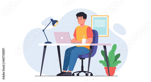 Illustration of a man working on his laptop at his desk, perfect for website banners or blog posts about remote work.