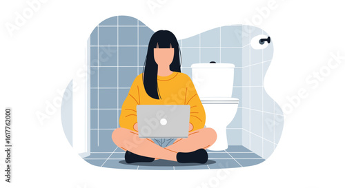 Woman working on laptop in bathroom - Illustration for articles about work-life balance, remote work challenges.