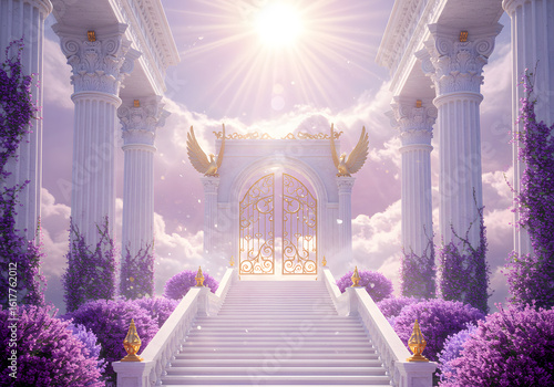 Heavenly Portal Elegant Architecture with Golden Doors, Columns, Lavender, and Sky.