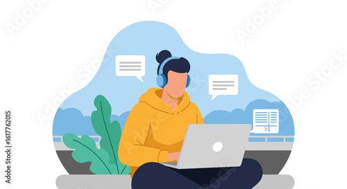 Person working on laptop with headphones, ideal for blog posts about remote work or online learning.