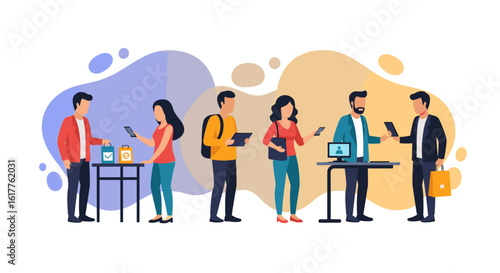 Diverse group of people using mobile devices and shopping online, perfect for website banners or app illustrations.