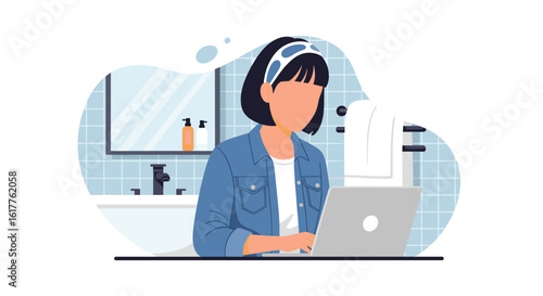 Woman working on laptop in bathroom, perfect for blog posts about work-life balance or remote work.