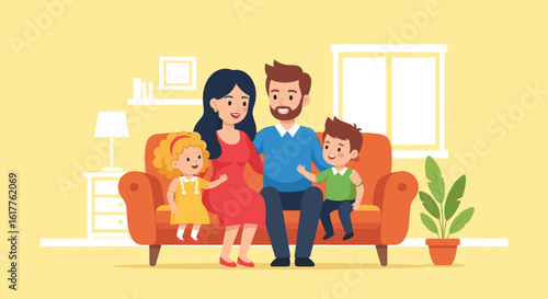 Happy family sitting on a couch in their living room, perfect for family, home, and togetherness concepts.