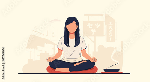 Woman meditating in lotus position, illustration for wellness, mindfulness, or yoga website or app.