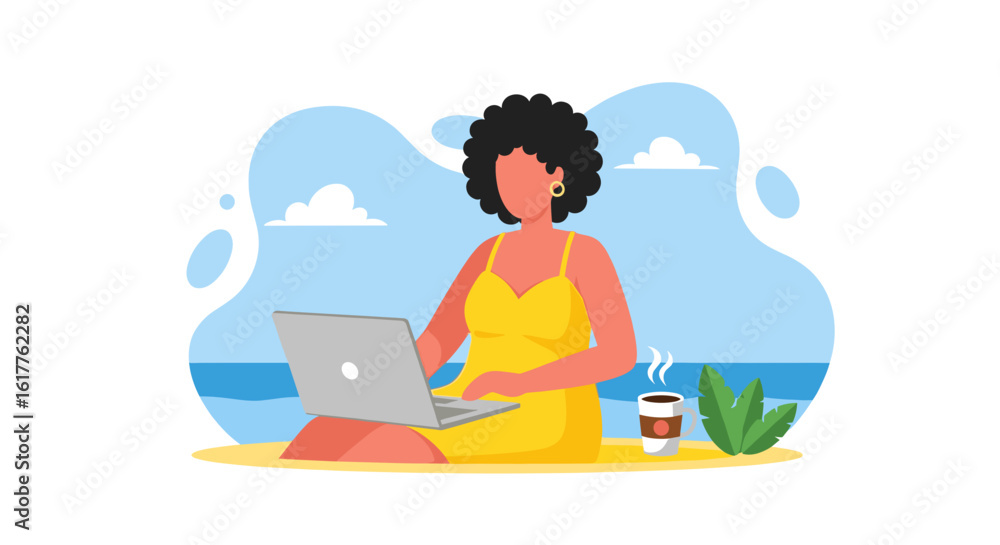 Fototapeta premium Woman working on laptop on beach, perfect for travel blog or remote work articles.