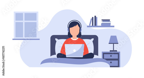 Woman working from bed on laptop, perfect for blog posts about remote work or work-life balance.