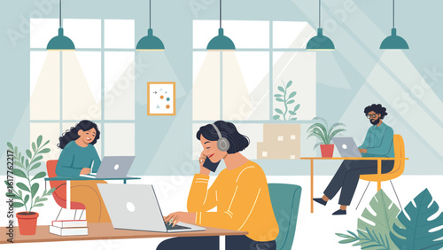 Modern co-working space illustration, perfect for website banners or brochures promoting collaboration and productivity.