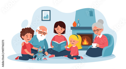 Happy multigenerational family reading a book together by a fireplace. Perfect for family, togetherness, and warmth concepts.