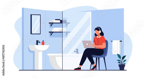 Woman working on laptop in modern bathroom, perfect for articles on work-life balance or remote work.