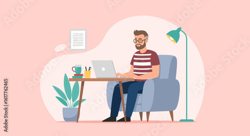 Man working from home on laptop, perfect for remote work, freelance, or work-life balance content.