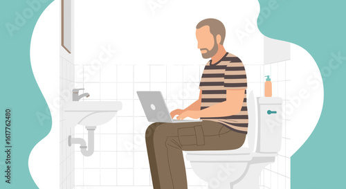 Man working on laptop in bathroom - humorous illustration for website or social media.