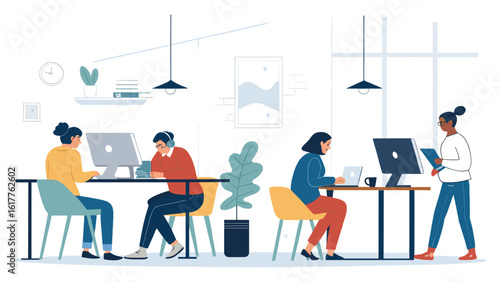 Modern co-working space illustration: diverse team working on computers, perfect for website banners or brochures.