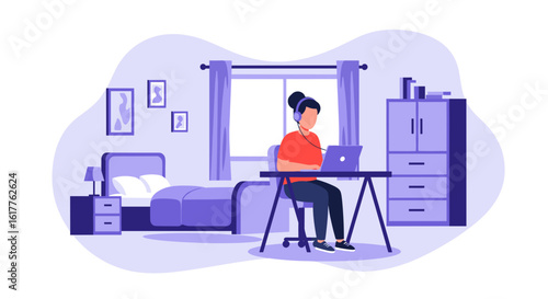 Person working from home on laptop, vector illustration perfect for blogs and websites about remote work.