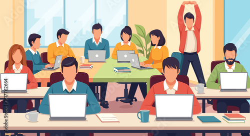 Diverse team of professionals working on laptops in a modern office, perfect for website banners or brochures.