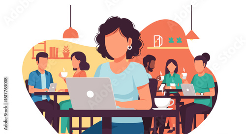 Diverse group of people working on laptops and enjoying coffee in a cafe, perfect for teamwork, collaboration, and co-working concepts.