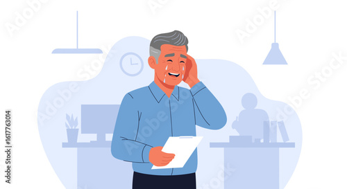 Illustration of a businessman crying at his desk, perfect for illustrating stress, burnout, or emotional workplace scenarios.