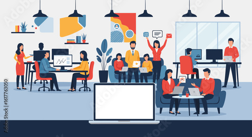 Diverse team collaborating in a modern office, perfect for website banners or presentations.