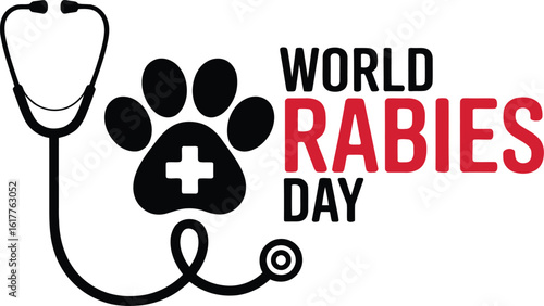 World Rabies Day Vector Graphic Illustration of Stethoscope and Paw Print with Cross Symbol