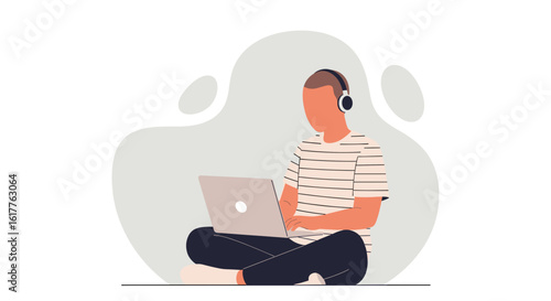 Person with headphones working on laptop, ideal for website banners or blog posts about remote work.